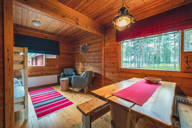 Living area of a family cabin in Lapland with space to store familiar snacks